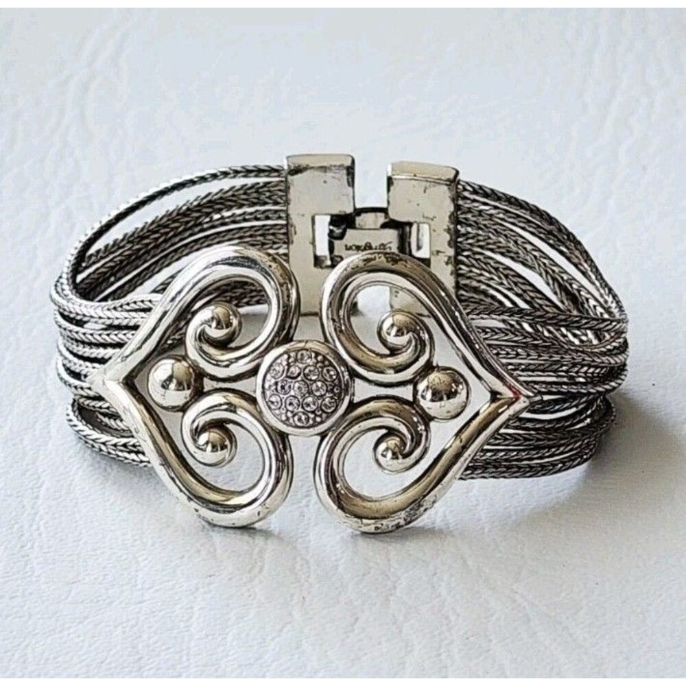 Rare BRIGHTON Alcazar Swing Bracelet Double Heart Pave Silver Chain Bracelet